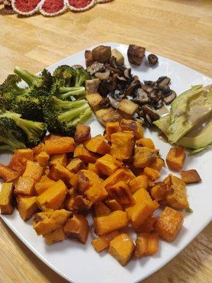 broccoli, yams, avocado, tofu, and mushrooms all delivered by marvel