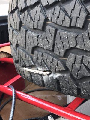 Allen wrench on brand-new tire,  no problem for the guys at Hilltop tire service.