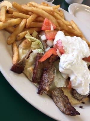 Gyro with fries. Very good but definitely fork and knife. A little heavy on the sauce.