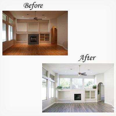 We painted, replaced the fan & the flooring and gave the fireplace a facelift.