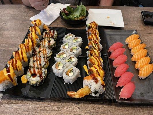 Left to right: 8 Piece Sexy Crunch Roll, 5 Piece Las Vegas Roll, 8 Piece Alaskan Roll, 8 Piece Spicy Crunch Roll, Tuna Sushi, Salmon Sushi