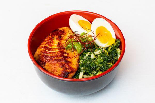 Salmon Miso Bowl with Kale Salad and Soft Boiled Egg