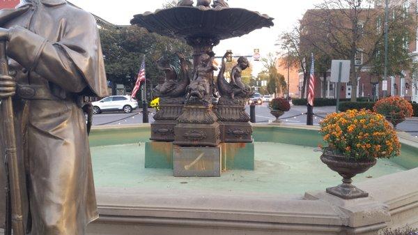 Memorial Fountain and Union Soldier Statue in downtown Chambersburg PA