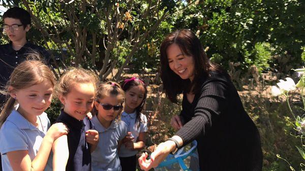 First graders with our specialist stem teacher Mrs. K releasing newly hatched butterflies into the bee-friendly organic garden! #STEAM