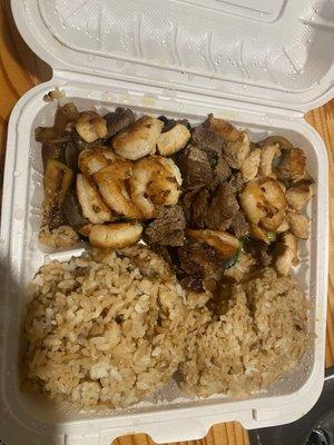 Chicken, steak, shrimp Habachi for take out, pretty good!