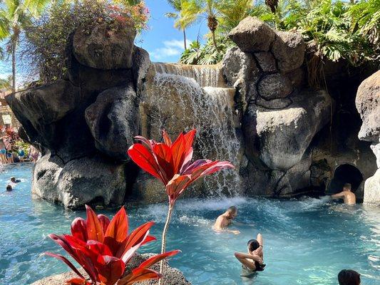 Waterfall feature and waterslide exit