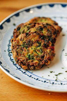 Kolokythokeftedes (Zucchini Fritters) with Yogurt-Dill Sauce