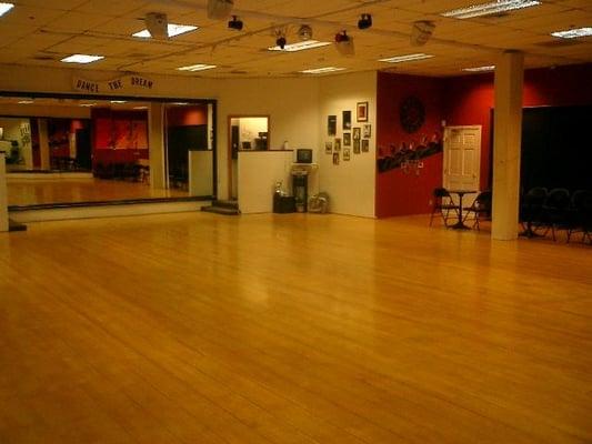 Main Ballroom at Dance North County. A 2000 square foot room with mirrors on two walls designed for lessons and dance parties.