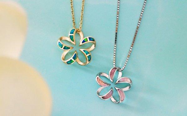 14K contour plumeria pendants with various inlay options