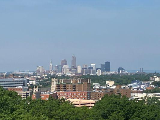 View of Cleveland skyline through window on the upper level.