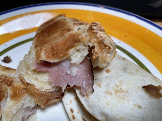 Inside of ham and cheese croissant