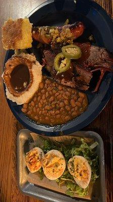 Hot link, CREOLE SPICED DEVILED EGGS,  Mashed Potatoes with Gravy Bbq Beans, brisket