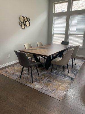 Dining Table, Chairs, Rug