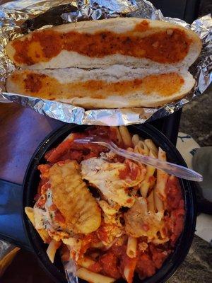 Allegedly Chicken Parm and Garlic bread.