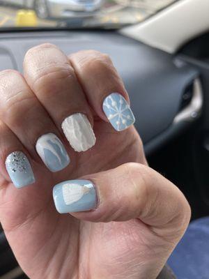 Winter is here!  Glitter ombre, icicles, winter sweater, snowflake, winter hat nails!