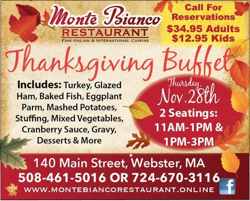 Call make order or reservation por thanksgiving day open 11am to 3 pm call (508)-461-5016