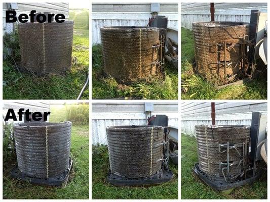 An ac unit covered in grass before and after our technician, Rob, cleaned it.