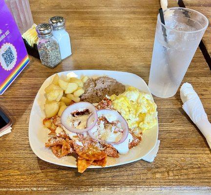 Chilaquiles rojos with scrambled eggs