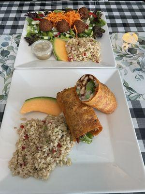 Falafel Ball Salad and Blackened Chicken Roll - up