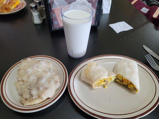 Biscuits and gravy and sausage, egg cheese burrito