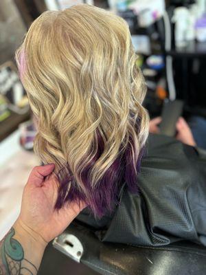 9n with a smidge of 7a for root with joico, blonde highlights, olaplex treatment and joico amethyst underneath