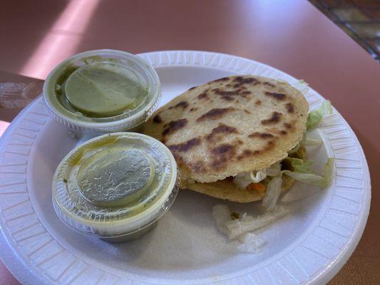 Gordita with frijoles (since I don't eat meat) and salsa verde; guacamole on the side which is more of a spicy avocado sauce.