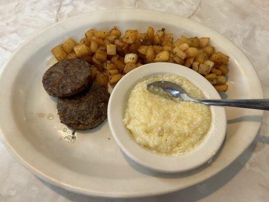 Sides of has browns, sausage & small grits