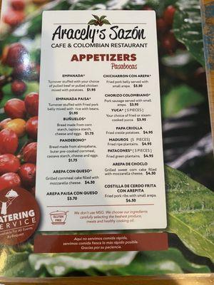 Appetizer menu