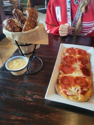 Pepperoni Flatbread & Pretzel Sticks with Cheese