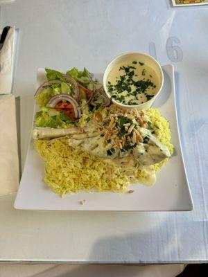 Mansaf lamb shank with rice salad and yogurt sauce