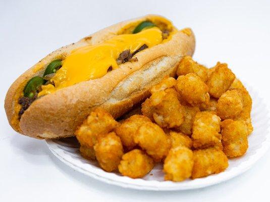 Philly Cheesesteak with Jalapeño and tater tots