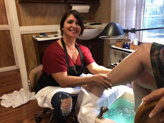 Char giving my wife an excellent pedicure.