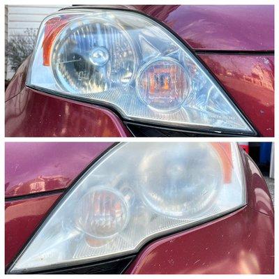 Before and after shots of headlights from a Honda CRV