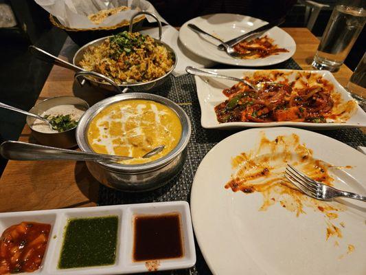 Murgh Malai, chili paneer, chicken biryani