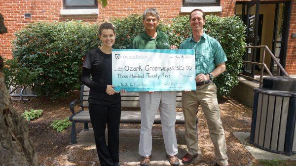 It was our pleasure to donate proceeds from our Invisalign Day Event to local non-profit Ozark Greenways!