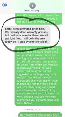 Another text message of owner Travis Lerdahl Stating he should refund me for my dead plants