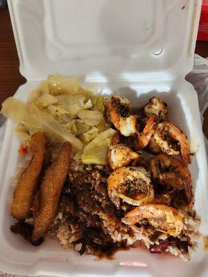 Jerk Shrimp cabbage peas and rices and plantains