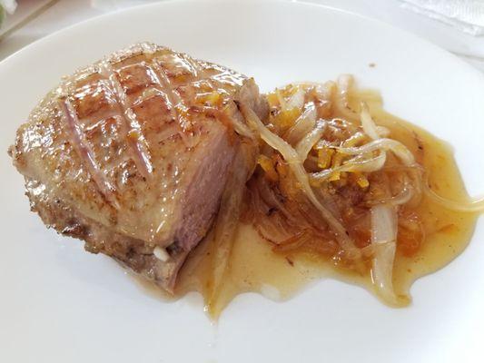 Pan-seared Moscovy duck with apricot-onion sauce