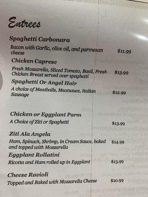 Pasta menu