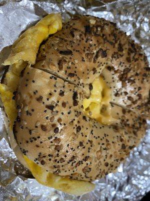 Sausage egg and cheese on everything bagel