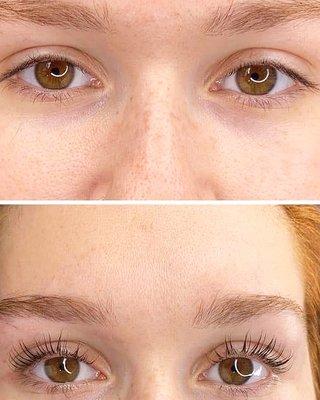 Before and after lash lift and tint