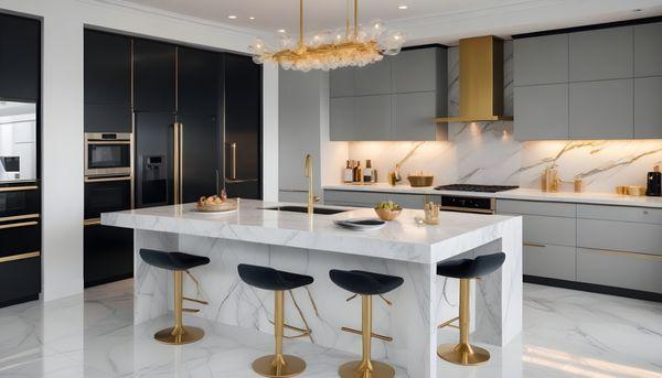 Luxurious kitchen in rich coffee and gray tones, accented with pure gold details. A sophisticated blend of opulence and modern elegance.