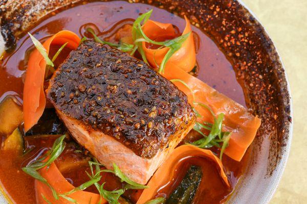 CRISPY SKIN SALMON / Carrot Dashi/ Kabocha Squash / Nori / Chili Crunch