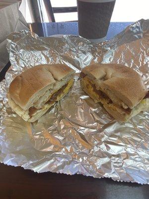 Bacon, egg, cheese, and hash brown on a toasted plain bagel.