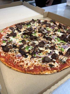 Delicious Philly Cheesesteak Pizza!