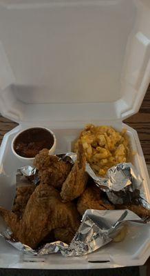 chicken wings, mac n cheese, and sweet potato