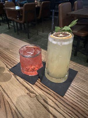 Smoky blood orange margarita and pineapple yuzu mojito