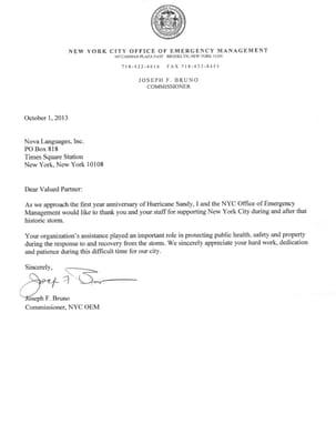 Letter from the Commissioner of the NYC Office of Emergency Management thanking us for our assistance during Hurricane Sandy in 2012.