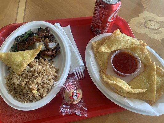 Lunch size Mongolian beef, crab Rangoon.