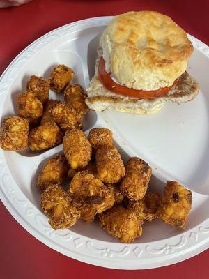 Tenderloin biscuit and tots